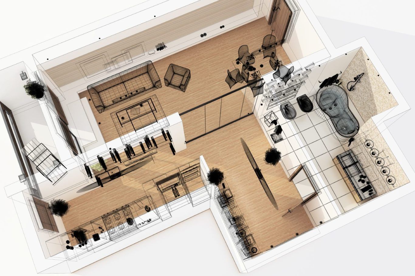 3D floor plan of a home extension layout