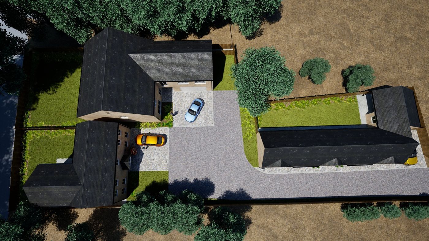 Aerial render of a residential extension project