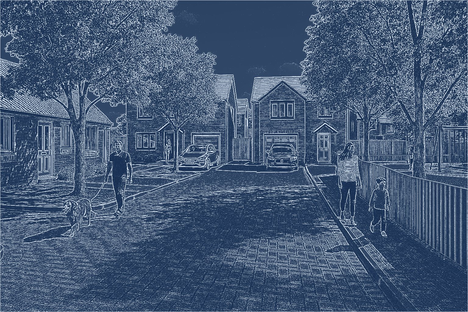 Line drawing of a proposed LP17 Design residential street