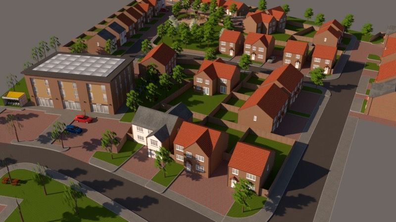 Aerial render of a 60-home mixed-use development with commercial units