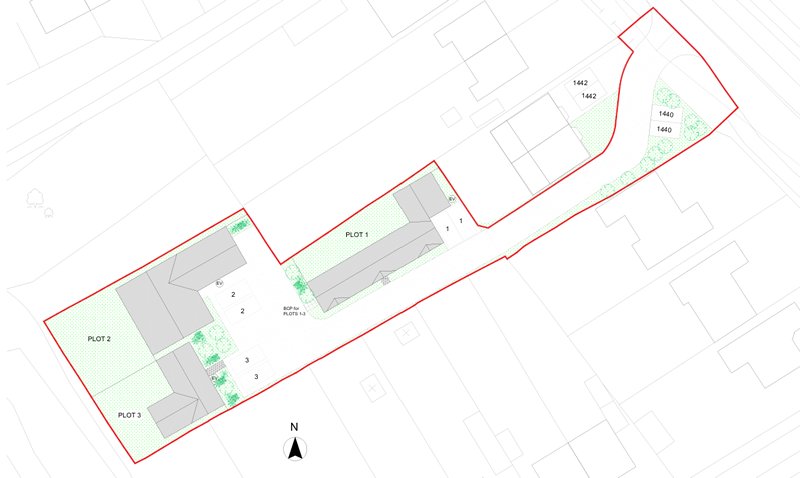 Site plan for three plots at Lambes Court, Werrington